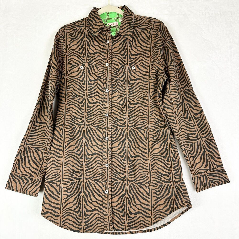 Dizzy Lizzie Tizzie Tunic Size Medium Zebra Stripe Cotton Stretch Pockets Brown